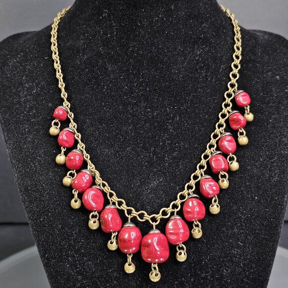 Vintage Dangle Bib 16" Necklace Gold Tone Red Maroon Beaded Choker Adjustable - Picture 1 of 9